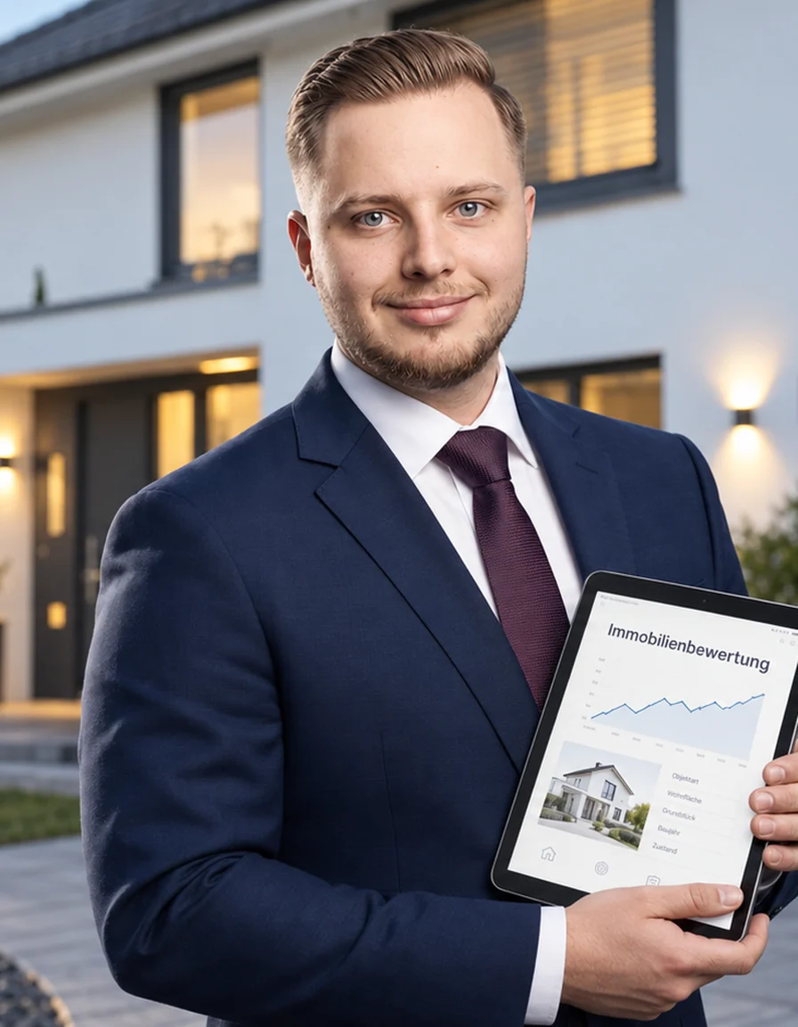 Tobias Jabs mit Tablet zur Immobilienbewertung vor einem Wohnhaus